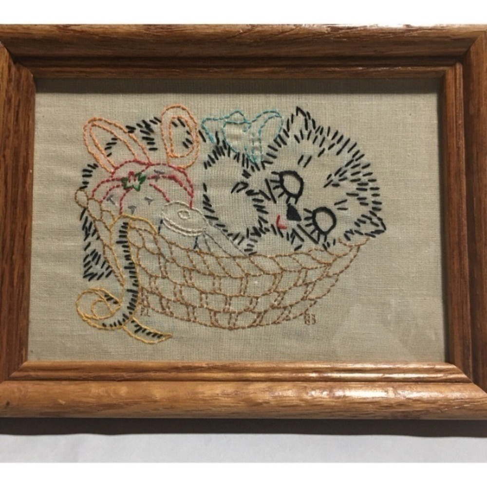 Vintage Sleeping Kitten in a Basket Complete Cross Stitch Framed 8x6" 1983